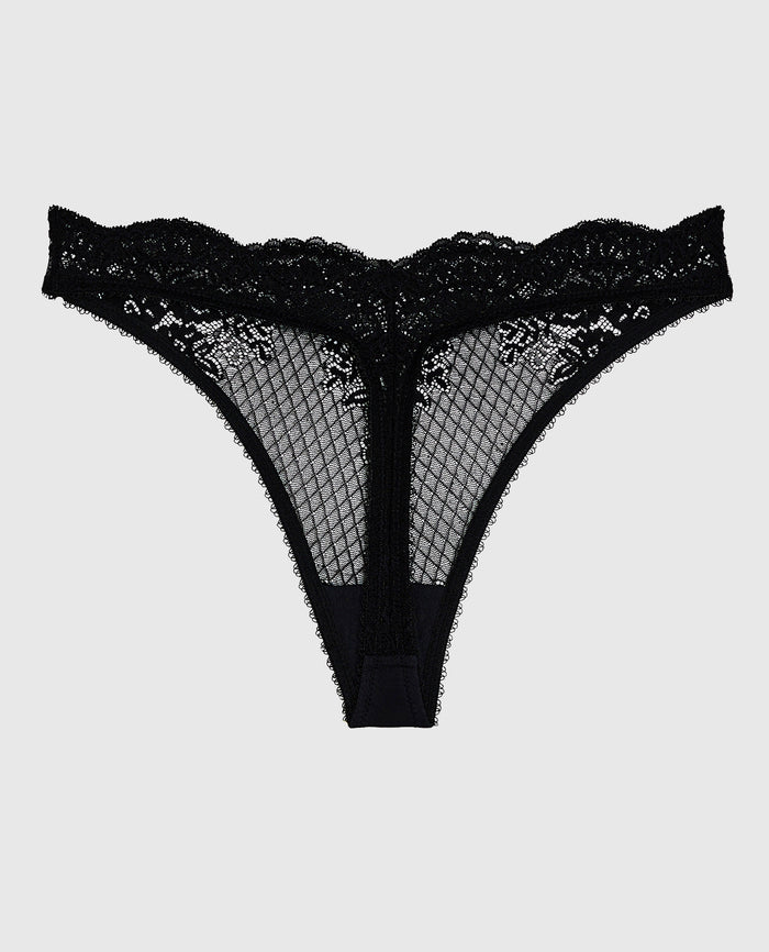 Lace High Leg Thong Panty in Smoulder Black