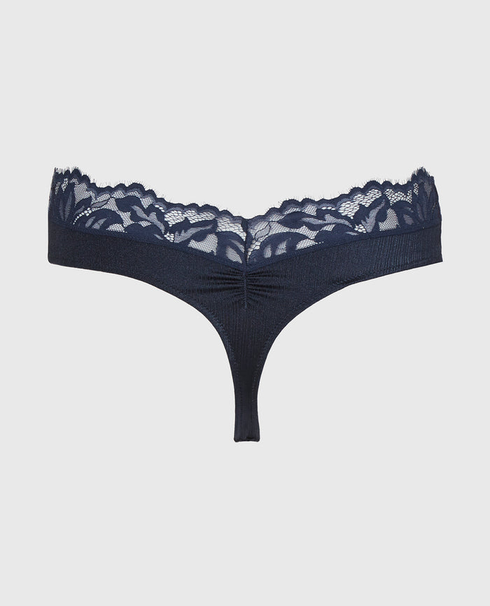 Lace Thong Panty in Dark Navy