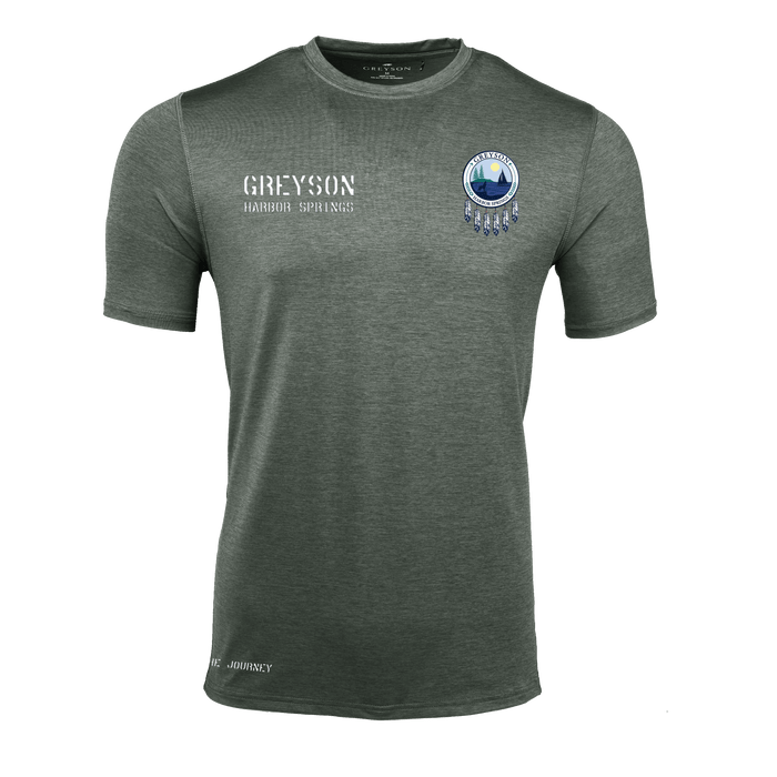 Greyson Lake Dreamcatcher Guide Sport Short Sleeve Tee - Front View, Heather Olive with Harbor Springs Graphic | Greyson Clothiers