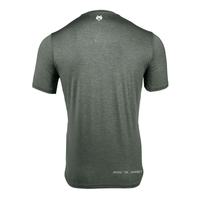 Greyson Lake Dreamcatcher Guide Sport Short Sleeve Tee - Back View, Heather Olive with Wolf Logo | Greyson Clothiers