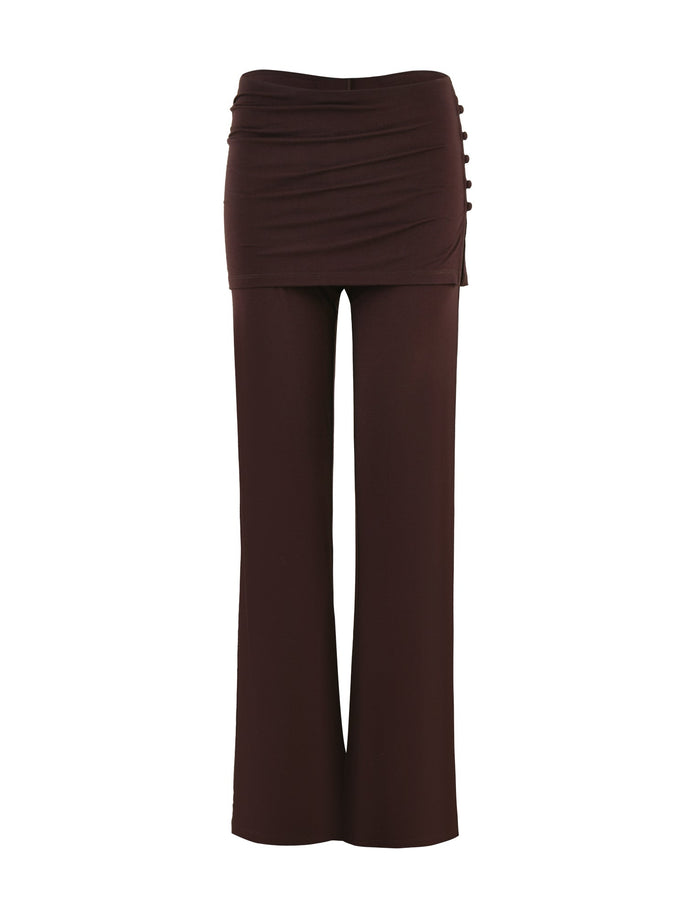 The LEILANI PANT - BROWN : CHOCOLATE by TIGERMIST is designed with a high stretch fabric, showcasing a flared style, a high waistband, and decorative side buttons.