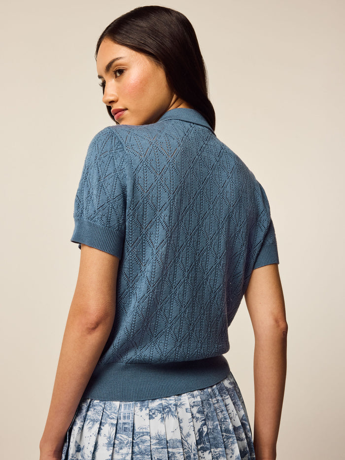 Leith Merino Pointelle Short Sleeve Sweater in steel blue, back view showing diamond knit texture | Greyson Clothiers