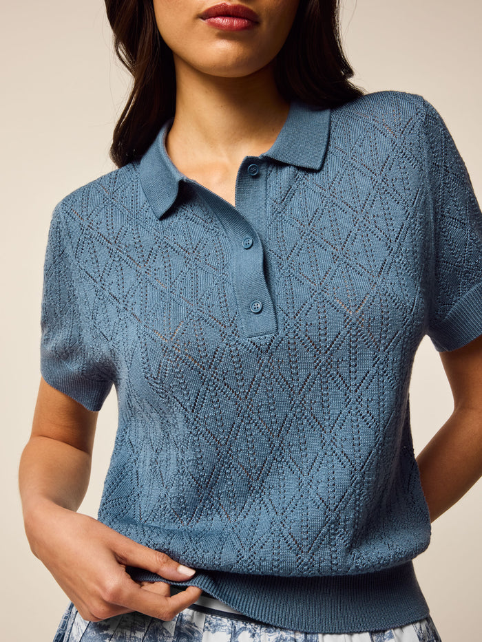 Leith Merino Pointelle Short Sleeve Sweater in blue, close-up of diamond pointelle knit and polo collar | Greyson Clothiers