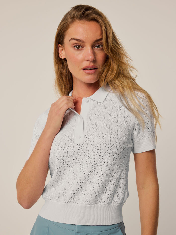 Arctic Leith Merino Pointelle Short Sleeve Sweater in white, premium women's golf polo sweater front view | Greyson Clothiers