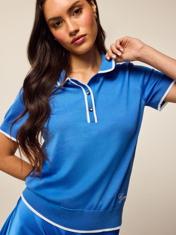 Maltese Blue Leith Merino Script Short Sleeve Sweater - Front Close-Up, Contrast Tipping & Script Logo | Greyson Clothiers