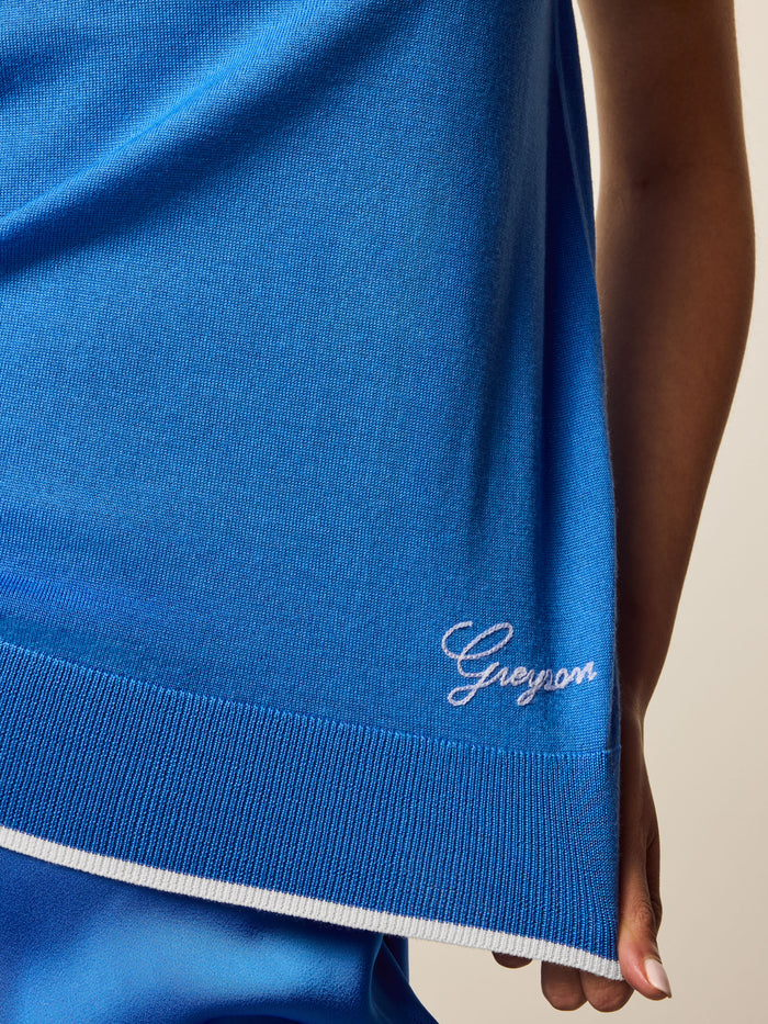 Maltese Blue Leith Merino Script Sweater - Hem Detail, Embroidered Greyson Script Logo Close-Up | Greyson Clothiers