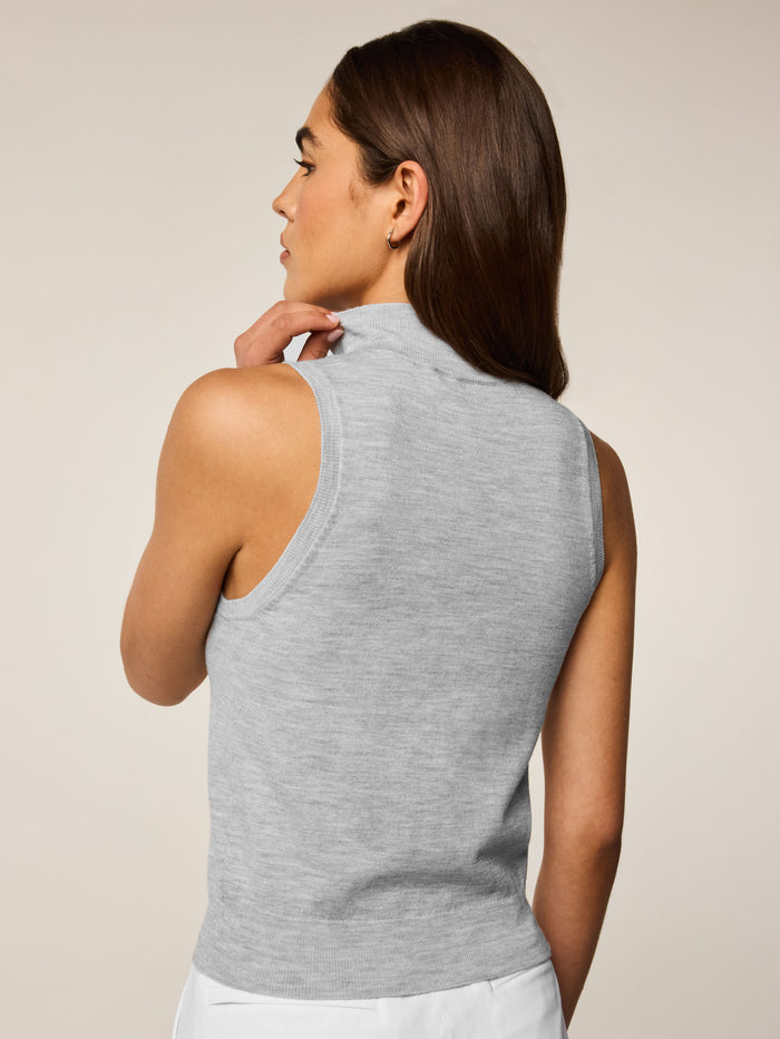 Light Grey Heather Leith Mock Neck Sweater - Back View, Sleeveless Knit | Greyson Clothiers