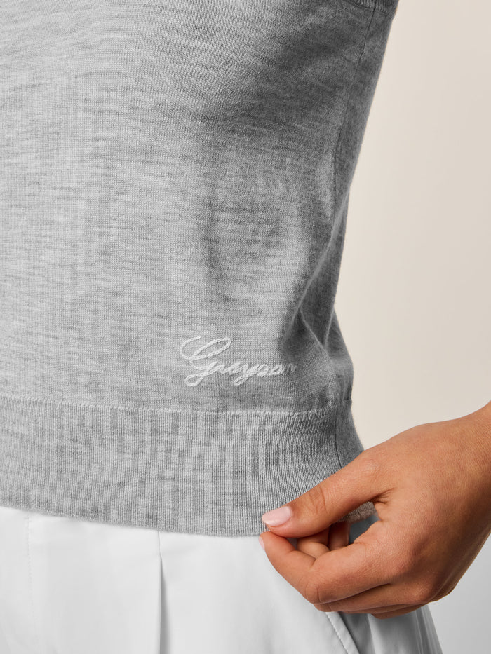 Light Grey Heather Leith Mock Neck Sweater - Signature Logo Detail, Ribbed Hem Close-Up | Greyson Clothiers
