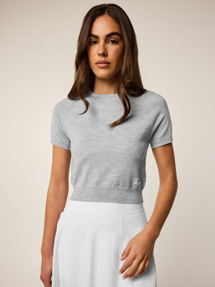 Greyson Clothiers Leith Short Sleeve Sweater in Bloom grey - Front View, wool-silk blend