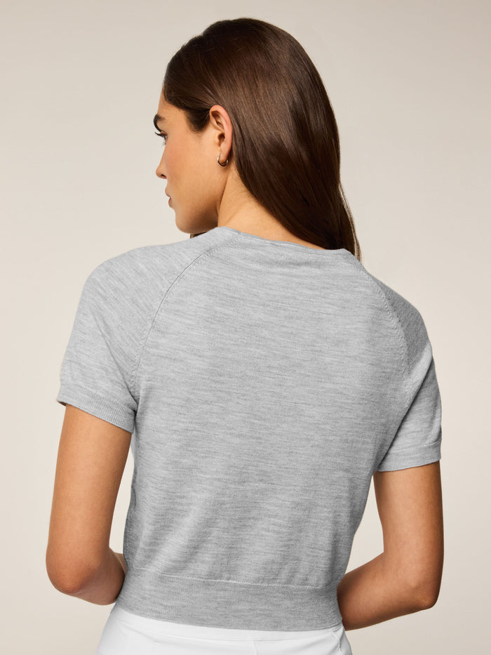 Greyson Clothiers Leith Short Sleeve Sweater in Bloom grey - Back View, ribbed hem detail