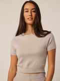Greyson Clothiers Leith Short Sleeve Sweater in Sand - Front View, cropped wool-silk knit sweater