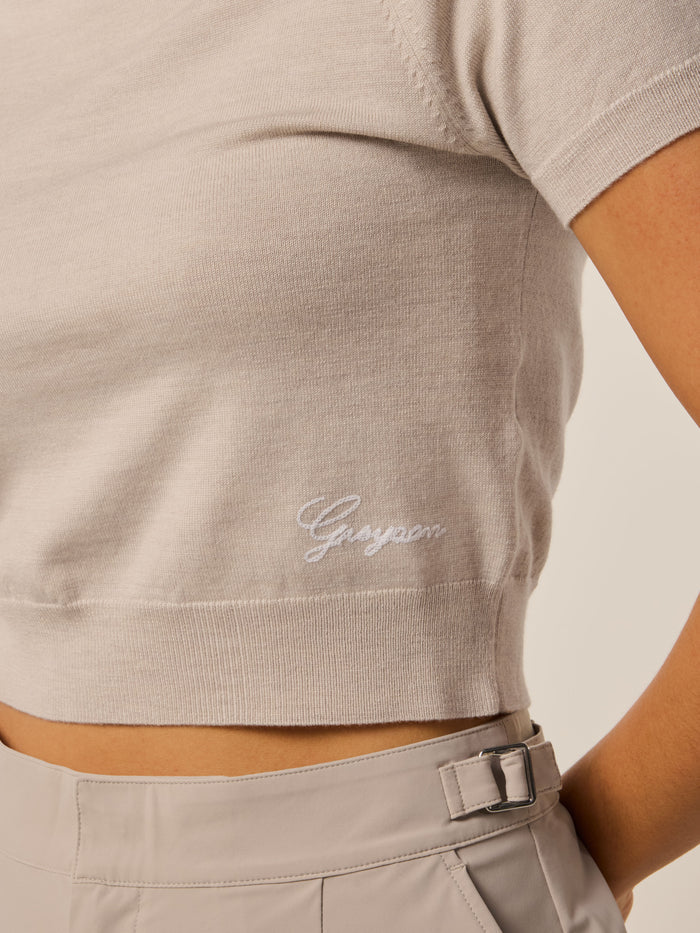 Sand Leith Short Sleeve Sweater - Hem Detail with Greyson script logo, women's premium golf top