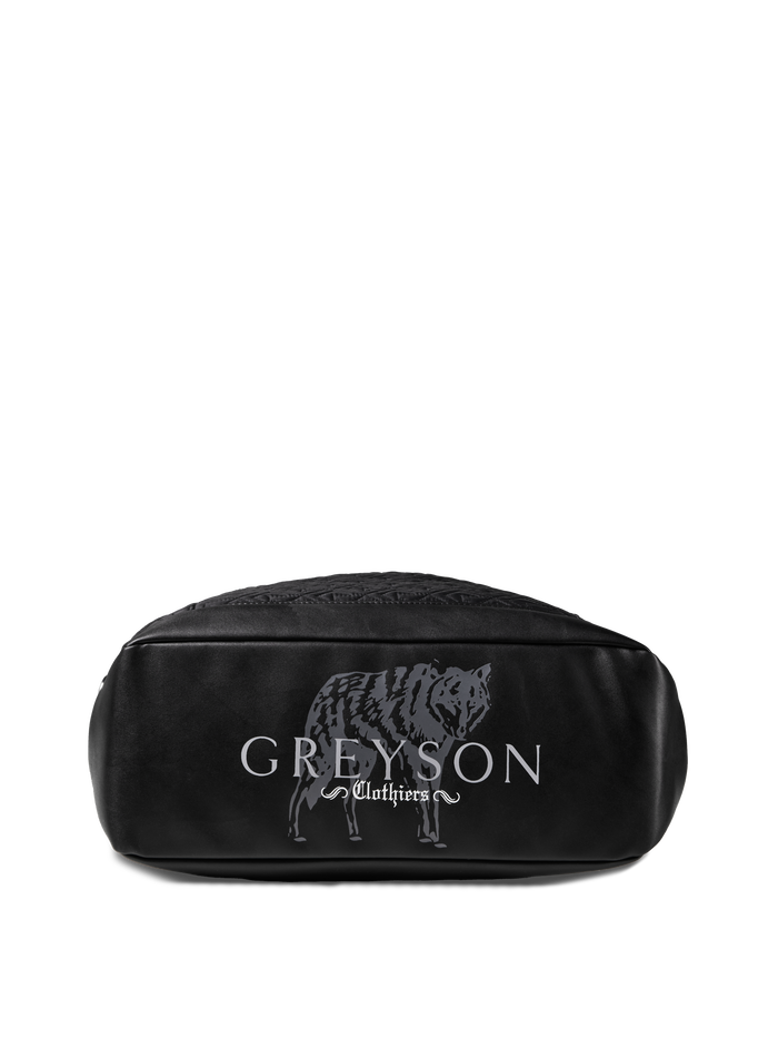Greyson Clothiers Leland Tote black leather base with signature wolf logo - Bottom Detail View | Greyson Clothiers