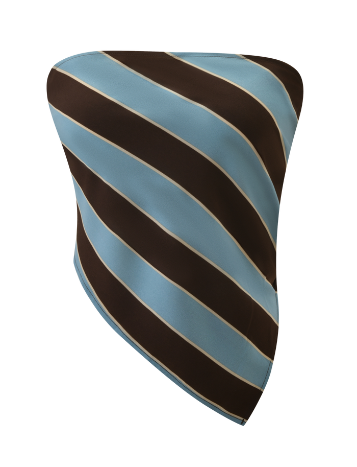 The LENIN SCARF TOP by TIGERMIST features silky fabric with diagonal brown, light blue, and thin beige stripes, shown against a plain white backdrop.