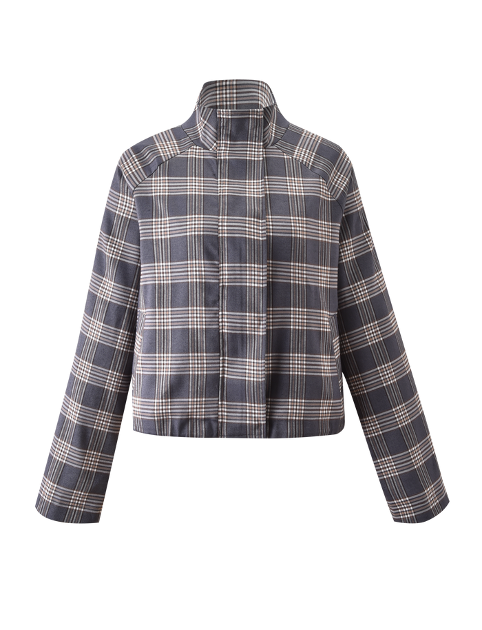The LENNEX JACKET - GREY CHECK by TIGERMIST is a cropped, oversized jacket with long sleeves and a mock neck collar, showcasing a black and white plaid pattern on grey, displayed against a plain white background.