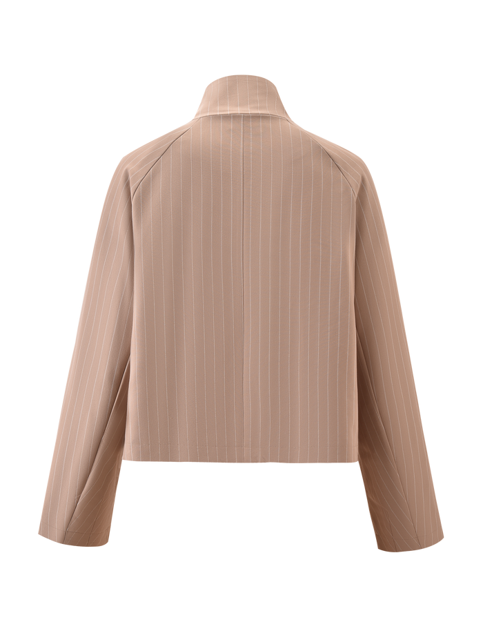 Back view of the TIGERMIST LENNEX JACKET - TAN PINSTRIPE, showcasing an oversized fit, mock neck collar, thin vertical white pinstripes, and a bungee drawstring hem against a plain white background.