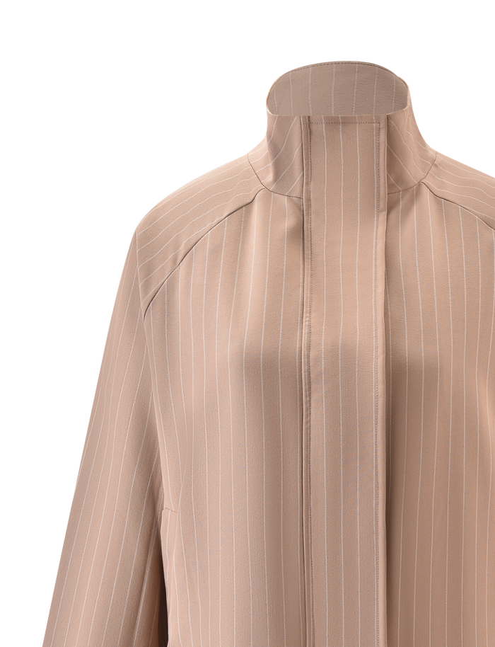 The LENNEX JACKET by TIGERMIST in tan pinstripe features a mock neck collar and hidden button placket, shown chest-up against a plain white background.