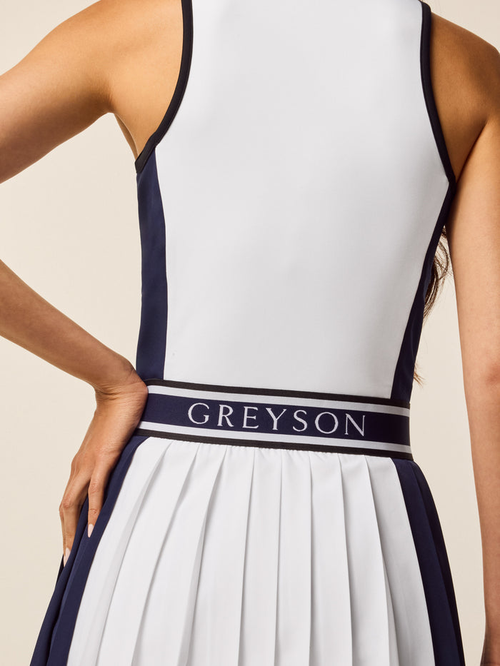 Leo Color Block Dress - Signature Greyson logo waistband close-up, Maltese Blue contrast trim | Greyson Clothiers