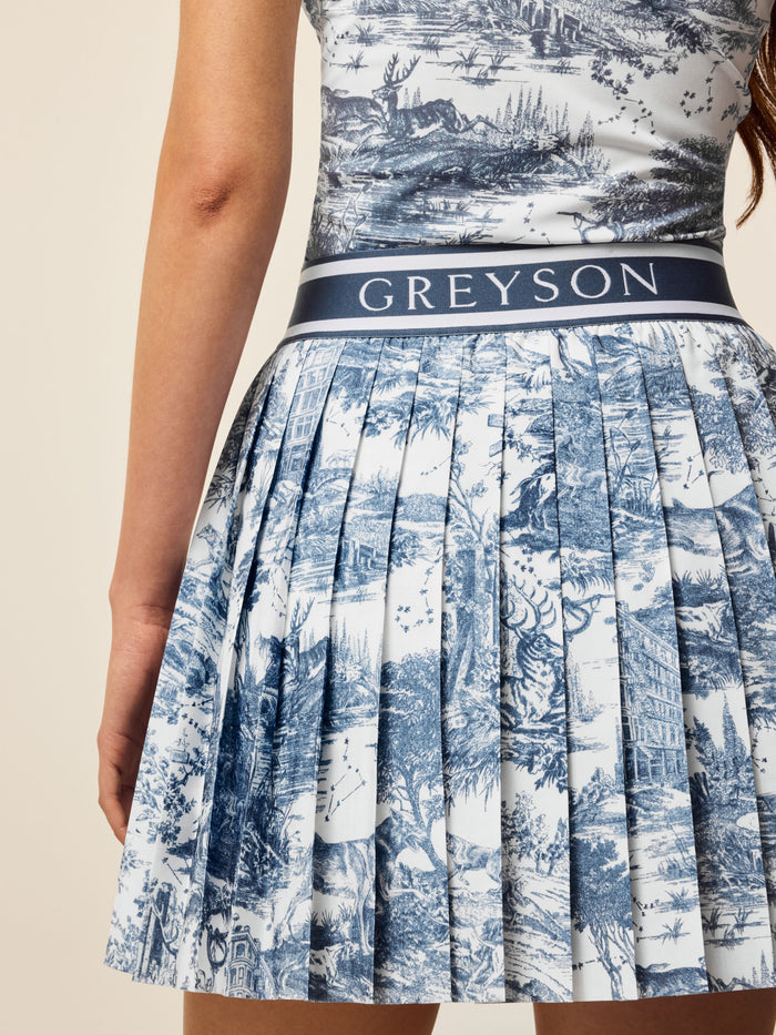 Vintage Indigo toile print pleated skirt with Greyson logo waistband detail - Close-Up | Greyson Clothiers