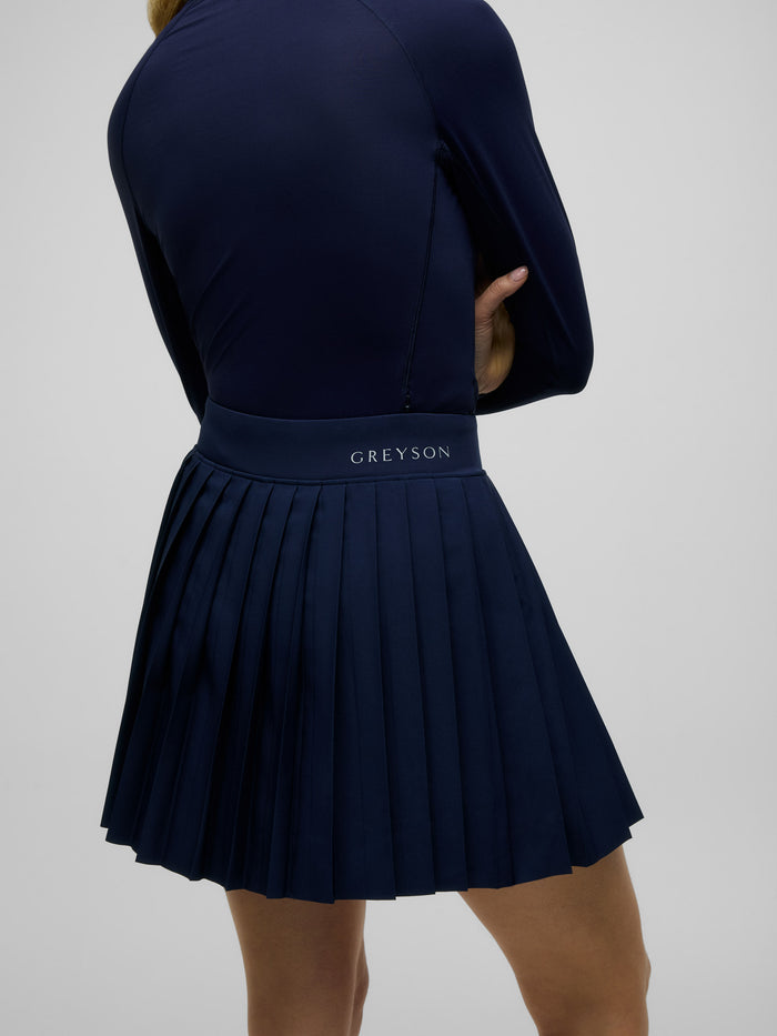 Maltese Blue Leo Skirt - Back View with Greyson Branded Waistband, Women's Performance Skirt | Greyson Clothiers