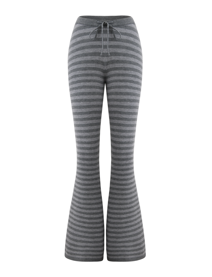The TIGERMIST LEORA PANT - GREY STRIPE showcases a knit grey stripe design with a drawstring waist and flared legs, displayed on a white background.