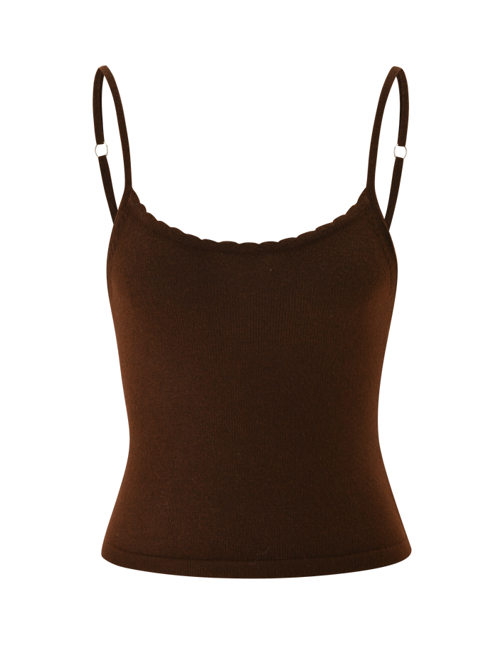 The LEORA TOP - CHOCOLATE by TIGERMIST is a chocolate brown knit cami with thin adjustable straps and a subtly scalloped neckline, shown on a white background.