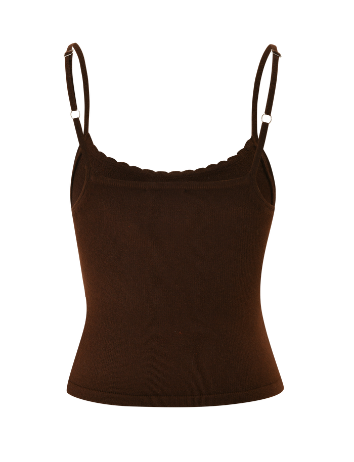 The LEORA TOP - CHOCOLATE by TIGERMIST is a chocolate brown knit cami featuring ribbed texture, thin adjustable straps, and a scalloped neckline, shown against a plain white background.