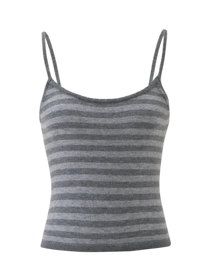 The LEORA TOP - GREY STRIPE by TIGERMIST is a sleeveless, fitted knit tank with thin adjustable straps and horizontal light and dark grey stripes.