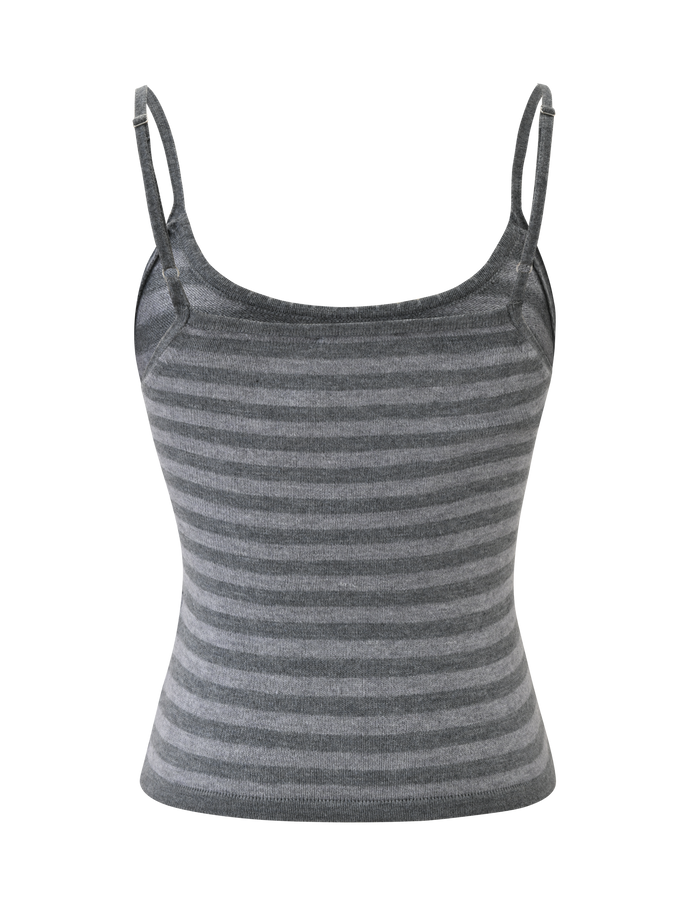 The TIGERMIST LEORA TOP - GREY STRIPE is a knit camisole tank with thin adjustable straps and horizontal gray and light gray stripes, shown against a plain white background.