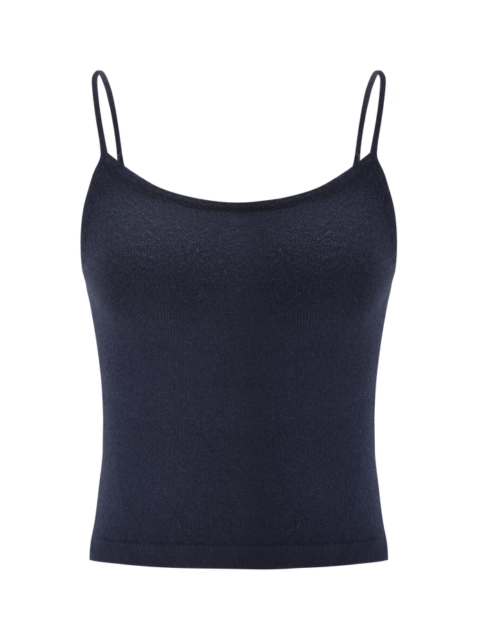 The TIGERMIST LEORA TOP - NAVY is a fitted knit tank with thin spaghetti straps and a straight neckline, shown on a plain white background.
