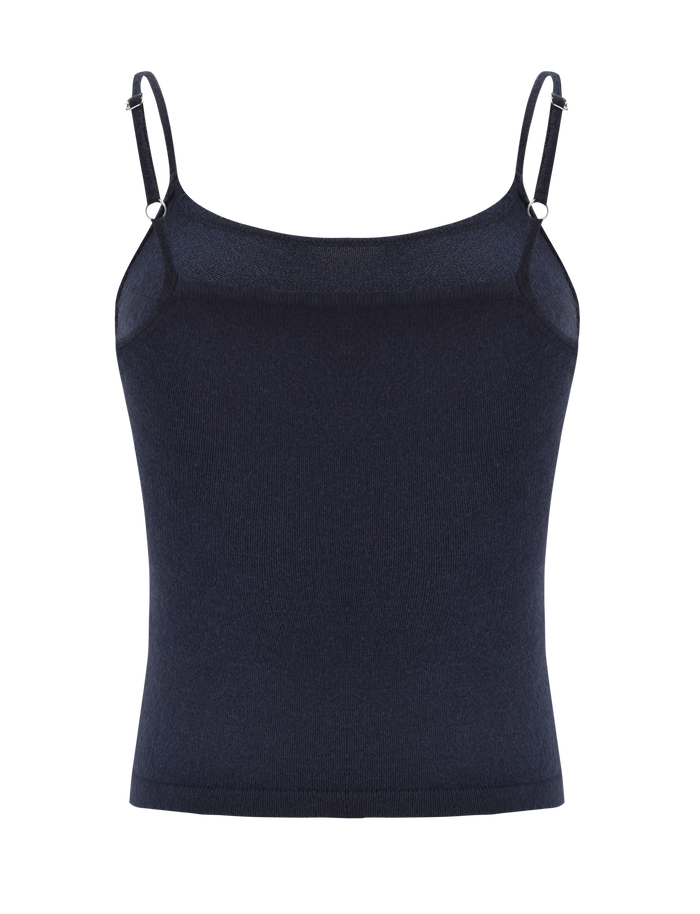 The TIGERMIST LEORA TOP - NAVY is a fitted knit tank with thin adjustable spaghetti straps and a scalloped neckline, shown on a white background.