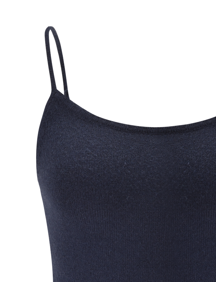 Close-up of the TIGERMIST LEORA TOP in navy, featuring adjustable straps and a scalloped neckline, shown against a plain white background.