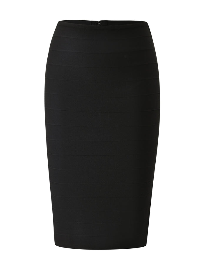The LIEL BANDAGE MIDI SKIRT - BLACK by TIGERMIST features a fitted, bodycon silhouette with sculpting bandage material, falls to knee length, and is displayed against a white background.