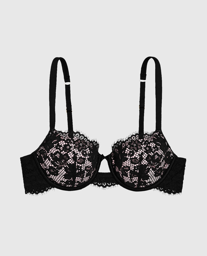 Lightly Lined Balconette Bra with Lace in Black