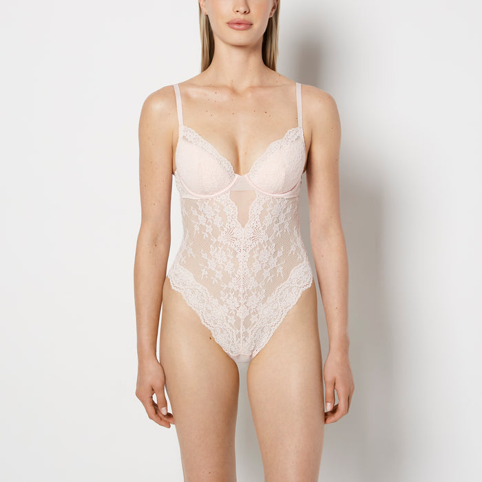 Lightly Lined Bodysuit with Timeless Lace in Crystal Pink