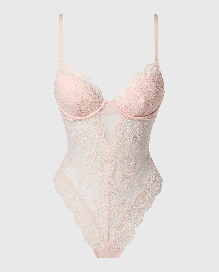 Lightly Lined Bodysuit with Timeless Lace in Crystal Pink