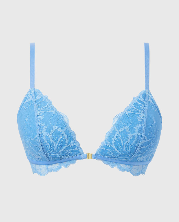 Lightly Lined Bralette with Lush Lace Front Close in Azure Blue