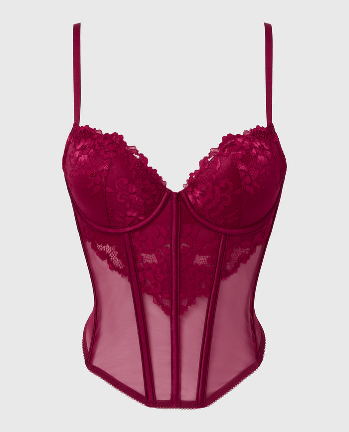 Lightly Lined Demi Bustier with romantic lace and Mesh in Plum Rose