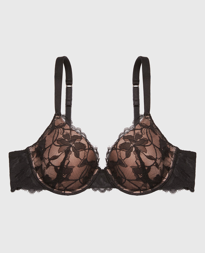 Lightly Lined Full Coverage Bra with Afterglow Lace in Tuxedo Black w/ Evening Blush