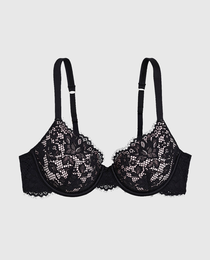 Lightly Lined Lace Full Coverage Bra in Black and Pink