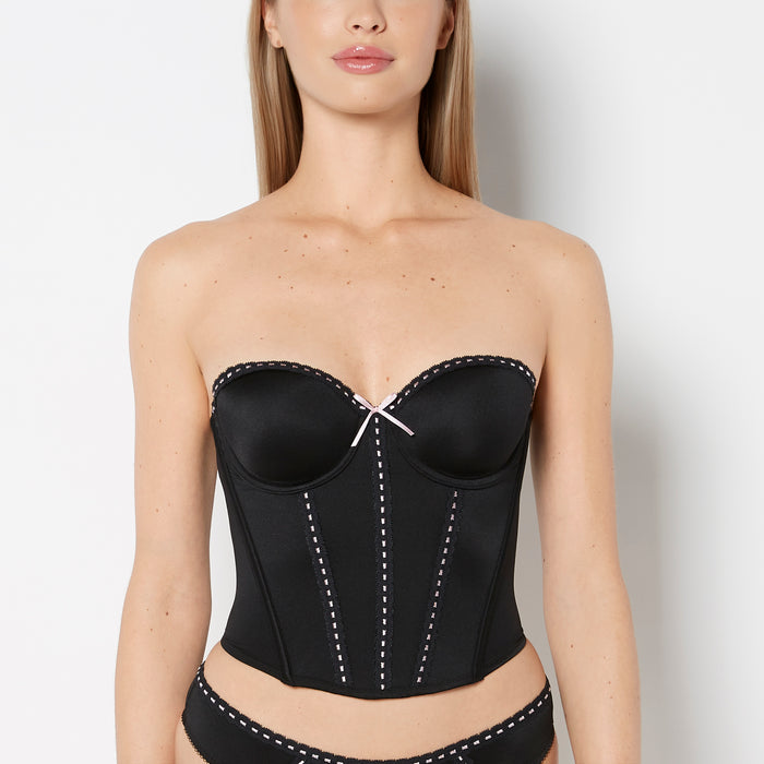 Lightly Lined Microfiber Bustier with Ribbon Detailing in Tuxedo Black