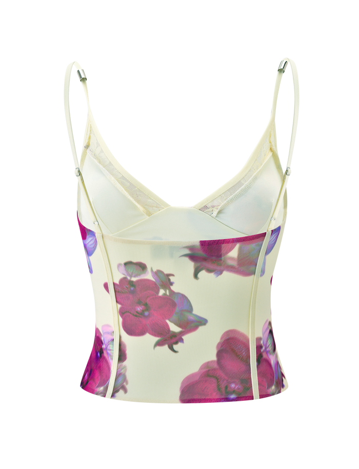 The TIGERMIST LILIAH PANEL CAMI TOP - ORCHID HAZE is a fitted, sleeveless mesh cami with thin adjustable straps, sheer cream fabric, vibrant pink and purple floral prints, seam detailing, and a deep V neckline.
