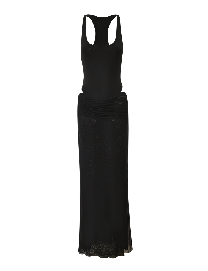 The LILIANA-SUMMER MAXI DRESS by TIGERMIST is a sleeveless black maxi dress with a fitted top and a long, semi-sheer mesh skirt, shown on a plain white background.