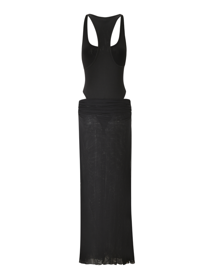 The LILIANA-SUMMER MAXI DRESS by TIGERMIST is a sleeveless black maxi with a racerback top, sheer mesh skirt, fitted bodice, and slightly ruched waistline.