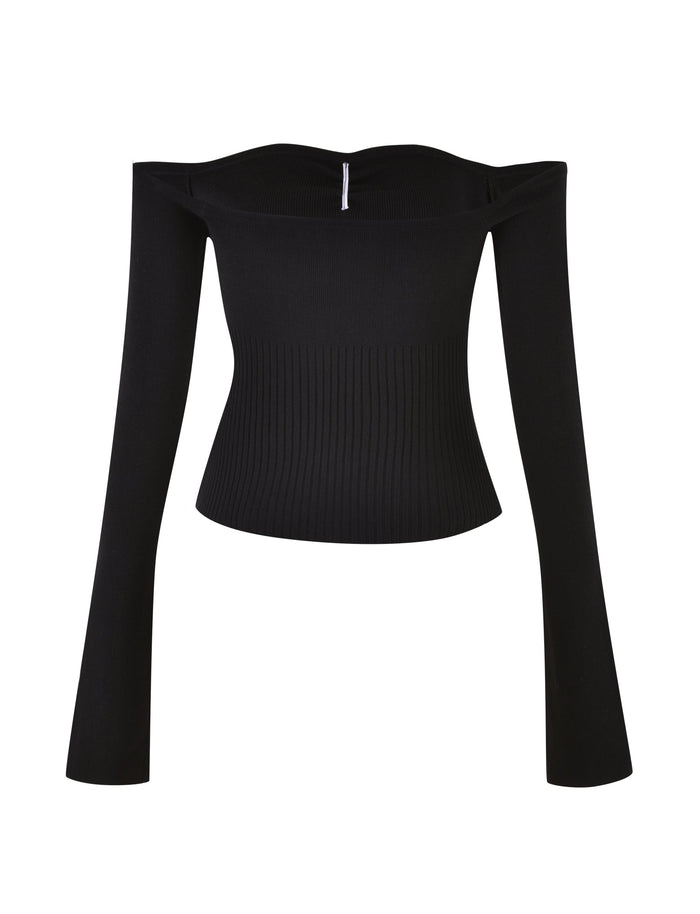 The TIGERMIST LILYANNA LONG SLEEVE TOP in black showcases a fitted silhouette through the body and sleeves, featuring a fully fashioned knit off-the-shoulder design. It is enhanced with a ribbed texture around the waist and flared sleeves, complete with a visible zip closure at the back.