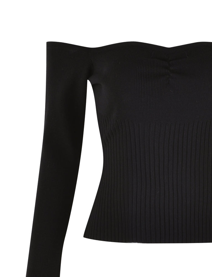Introducing the LILYANNA LONG SLEEVE TOP by TIGERMIST—a stunning black off-the-shoulder piece crafted from a fully fashioned knit. This top boasts a ribbed texture, long sleeves, and a fitted design through the body and sleeves, accentuating its vertical ribbed details.