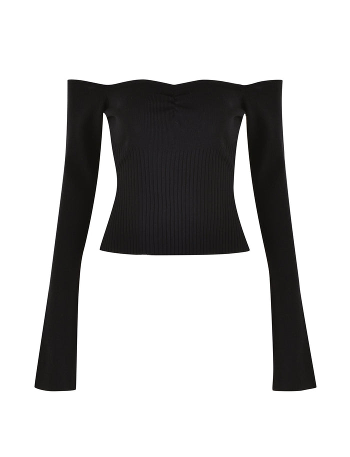 The TIGERMIST LILYANNA LONG SLEEVE TOP - BLACK is showcased against a white background. This stylish garment features an off-the-shoulder, fully fashioned knit design that fits snugly around the body and sleeves, complemented by flared cuffs and subtle ruching at the bust for an added touch of elegance.