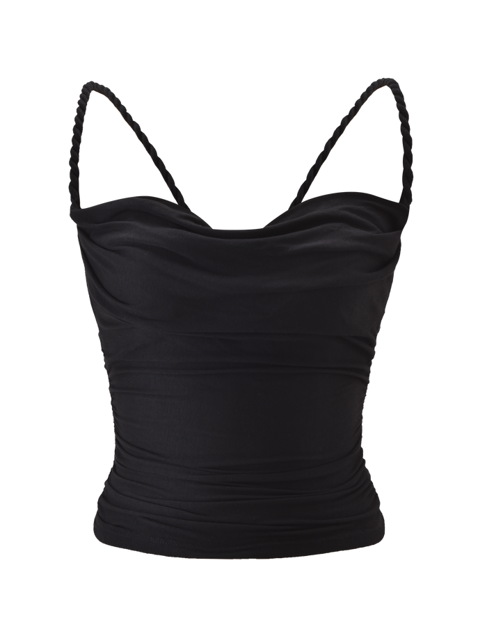 The TIGERMIST LIOLA TOP - BLACK is a sleeveless crop top with a chic cowl neckline, ruched detailing, and thin braided rope straps, shown against a plain white background.