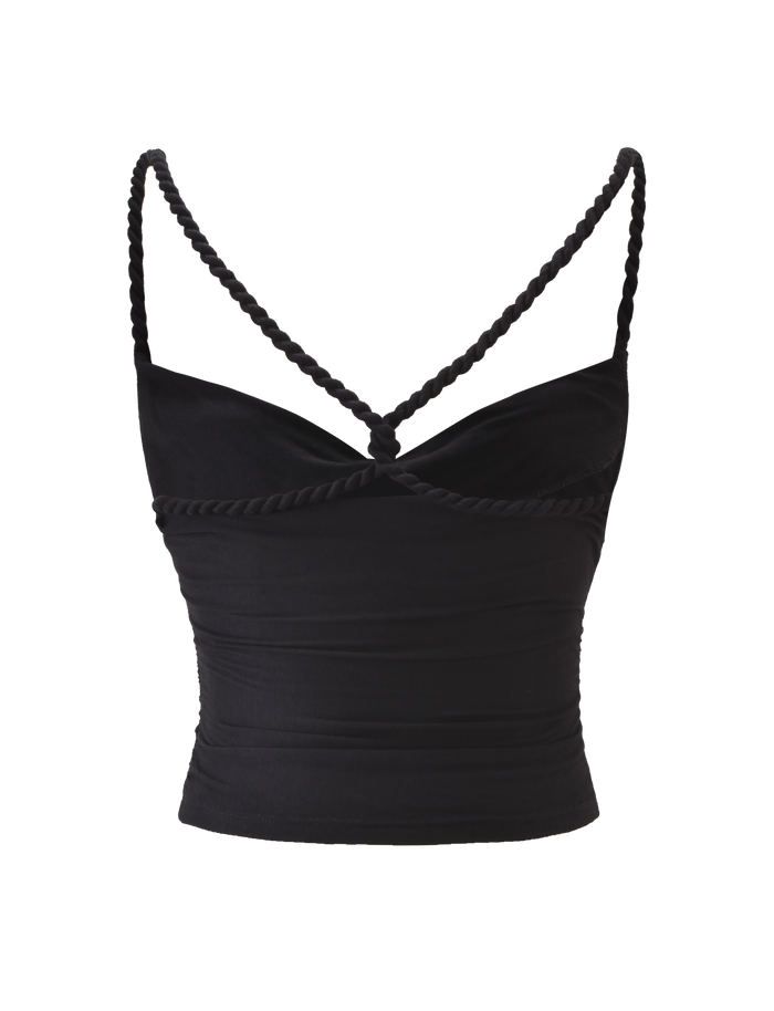 The LIOLA TOP - BLACK by TIGERMIST is a black sleeveless crop top with braided rope straps and a sweetheart neckline, shown against a plain white background.
