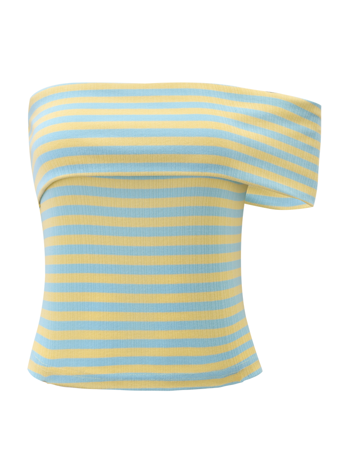 The LISETTE TOP - YELLOW STRIPE by TIGERMIST is a blue and yellow striped, off-the-shoulder, ribbed knit top with short sleeves and a fitted silhouette, shown against a white background.